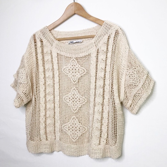 Zara cream open knit crocheted, short sleeve top - Picture 9 of 13